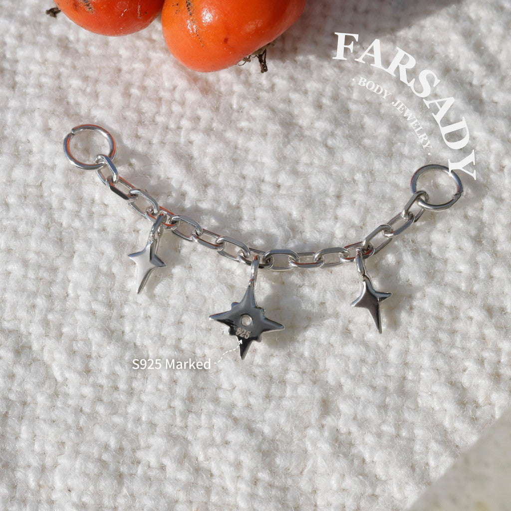 Star Dangle Earring Chain Sterling Silver/  Industrial Barbell Triple Stars Charm Chain/18K Gold Plated Helix Conch Lobe Nose Piercing Chain