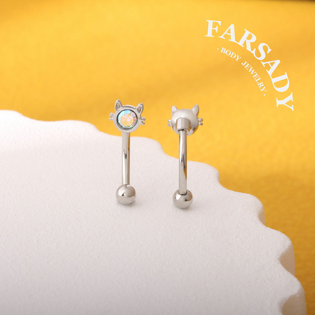 16G AB Cubic Zirconia Cat Curved Barbell, Elegant Silver CZ 8mm Bar Eyebrow Piercings Barbell, Cute Cat CZ Rook Earring, 8mm Cute Cat Rook Barbell