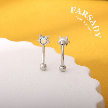 16G AB Cubic Zirconia Cat Curved Barbell, Elegant Silver CZ 8mm Bar Eyebrow Piercings Barbell, Cute Cat CZ Rook Earring, 8mm Cute Cat Rook Barbell