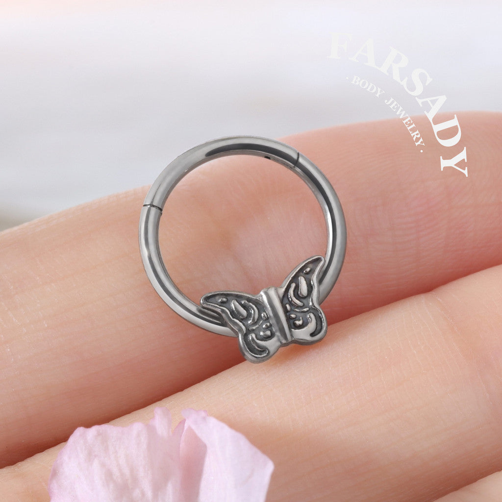 Etch Butterfly - ASTM F136 Titanium Hinged Clicker Hoop / Fits 16G Septum Ring Helix Conch Cartilage Earring