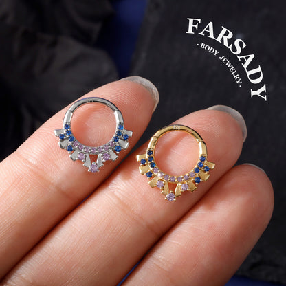 Dusk Fan - 925 Silver CZ Hinged Clicker Hoop / Fits 16G Septum Ring Helix Conch Daith Earring