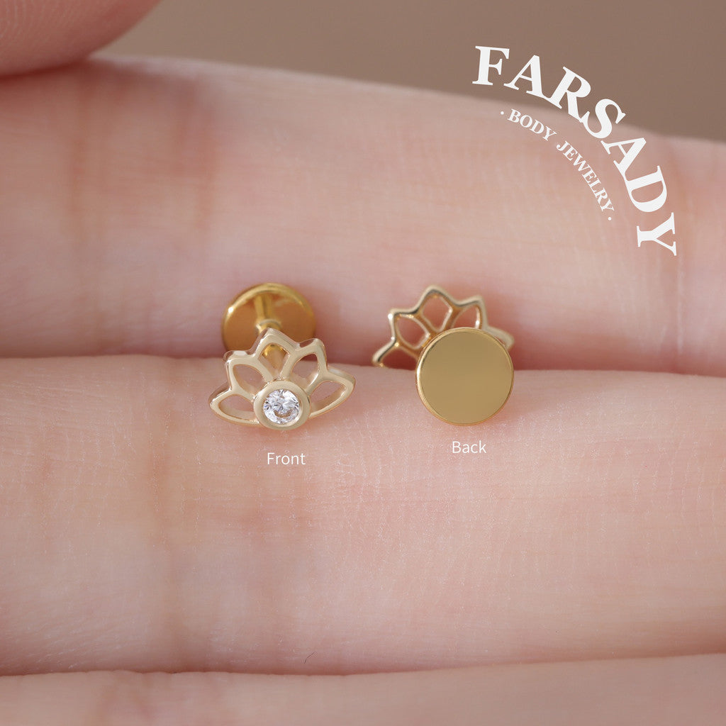 Lotus Radiance - Solid 14K Gold Threadless Stud / Fits Cartilage Helix Tragus Lobe Nostril Piercing