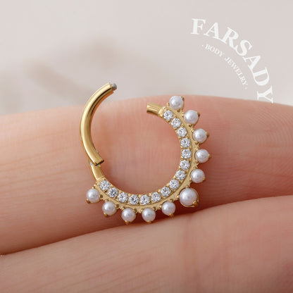 Pearl Fringe - F136 Titanium Hinged Clicker Hoop / Fits 16G Septum Ring Helix Conch Cartilage Earring