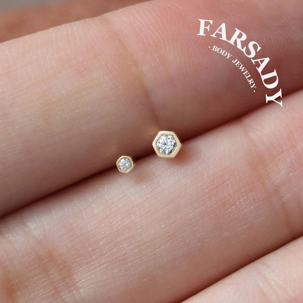 Dual Hexa - Solid 14K Gold Threadless Stud / Fits Cartilage Helix Tragus Lobe Nostril Piercing