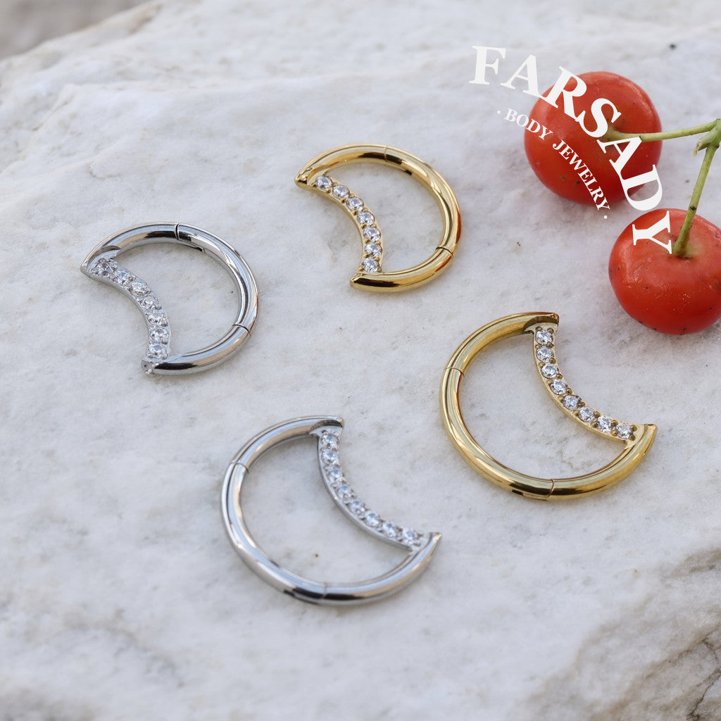 Crescent Shine - 316L Hinged Clicker Hoop / Fits 16G Daith Hoop Cartilage Earring / Hypoallergenic Jewelry for Sensitive Skin, Elegant Piercing Jewelry for Daily Wear & Gifts