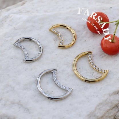Crescent Shine - 316L Hinged Clicker Hoop / Fits 16G Daith Hoop Cartilage Earring / Hypoallergenic Jewelry for Sensitive Skin, Elegant Piercing Jewelry for Daily Wear & Gifts