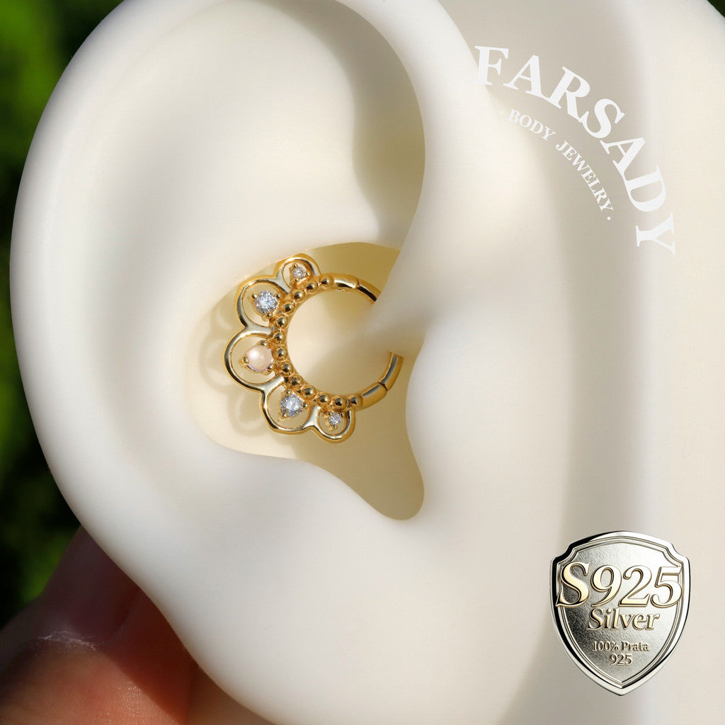 16G Sterling Silver Moonstone Flower Septum Ring, Moissanite Hinged Septum Clicker,925 Sterling Silver Plated 18k Gold,Gold Daith Earring Hoop,Helix Tragus Hoop