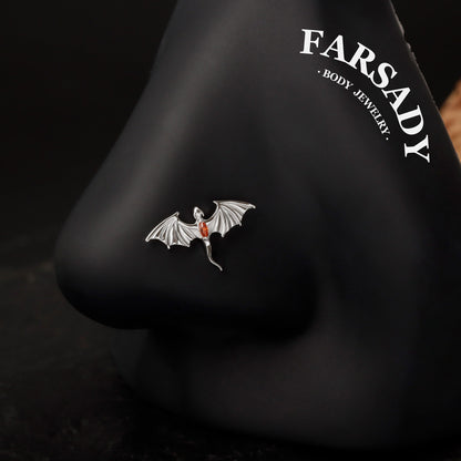 Flying Dragon Cartilage Threadless Stud, Helix Flat Back Earring,Orginal Design Nose Piercing Jewerlry, Sterling Silver Tragus Conch Push IN