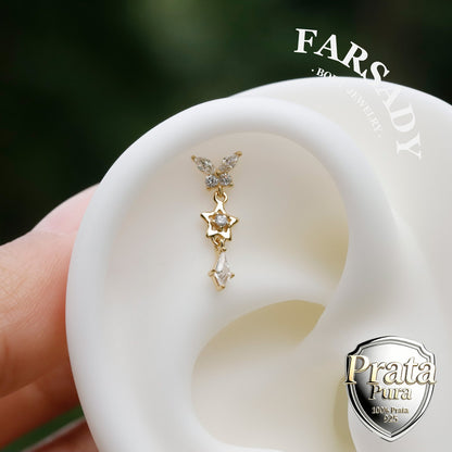 Sterling Silver Butterfly Dangle Cartilage Stud Earring • Threadless Push In Flat Helix Piercing Jewelry Flat  Back Earring Plated 18K Gold