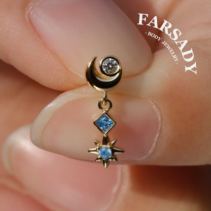 Luna Flare Dangle Threadless Push In Helix Stud, Sterling Silver Cartilage Stud, Flat Back Titanium Post, Design Satr Tragus/ Lobe Earring