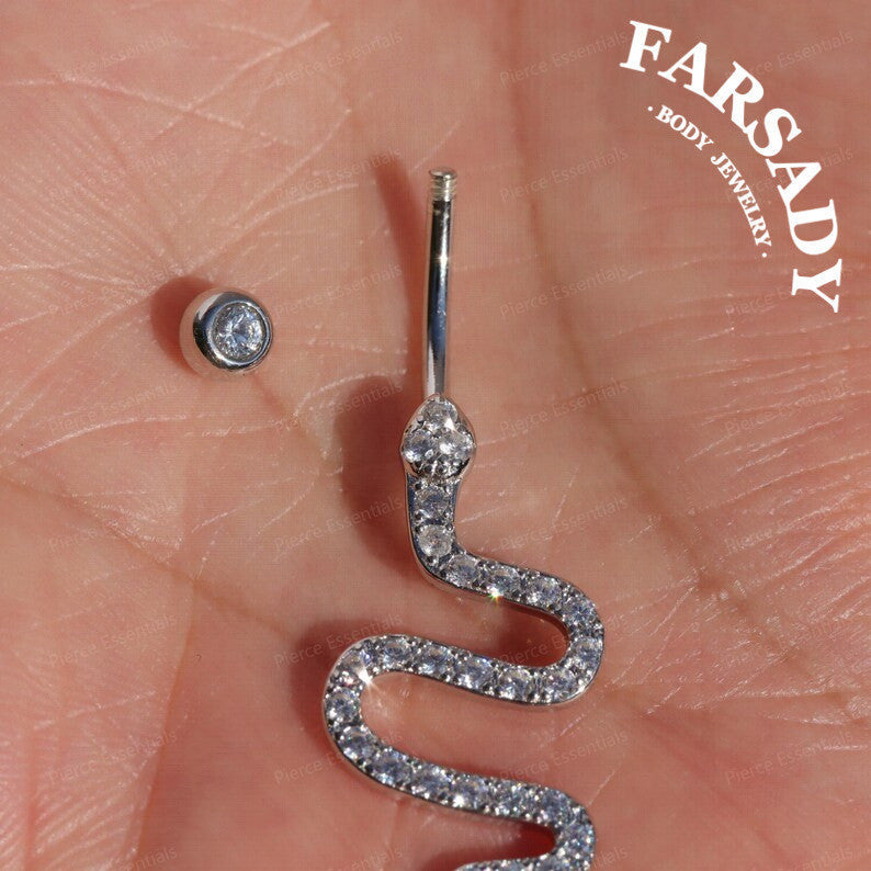 14G Sterling Silver Snake Belly Button Ring - S925 Clear CZ 6mm 8mm 10mm 12mm Navel Body Piercing Jewelry - Minimalist Body Jewelry