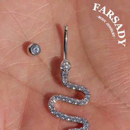 14G Sterling Silver Snake Belly Button Ring - S925 Clear CZ 6mm 8mm 10mm 12mm Navel Body Piercing Jewelry - Minimalist Body Jewelry