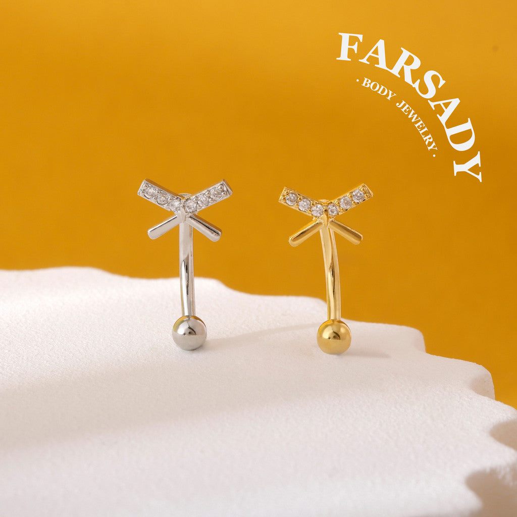 Cross Star Trace - 316L Clear CZ Curved Barbell / Fits 16G Rook Daith Earring Lip Eyebrow Cartilage Piercing