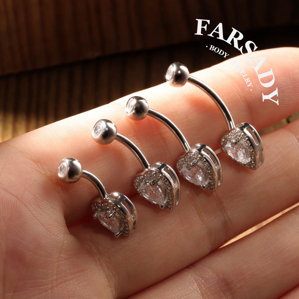 Embrace Heart - 925 Silver Clear CZ Belly Button Ring / Fits 14G Navel Piercing