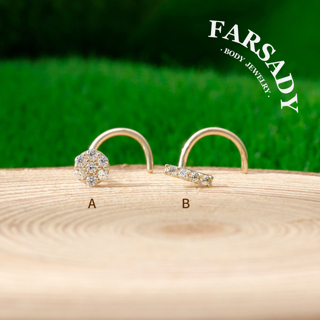 Star Row Duo - Solid 14K Gold Screw End Stud / Fit 20G Nostril Piercing
