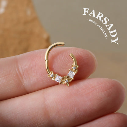 Clover Crest - 925 Silver Hinged Clicker Hoop / Fits 16G Septum Ring Helix Conch Daith Earring