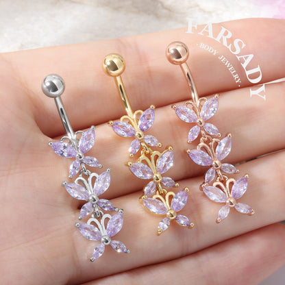 Lavender Butterfly Drift - 316L Purple CZ Belly Button Ring / Fits 14G Navel Piercing