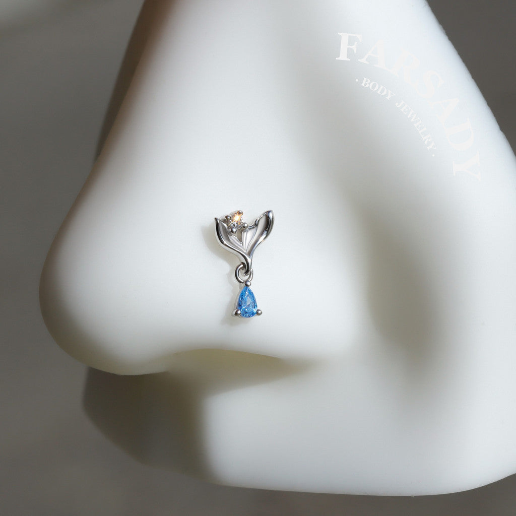 Mermaid Legend Helix Stud Earring with Blue CZ Dangle, Sterling Silver Tragus Lobe Conch Piercing Jewelry, Titanium Flat Back Ear Stack