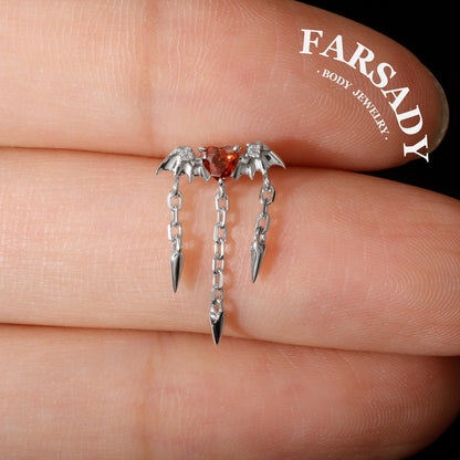 Bat Hidden Helix Piercing Earring Spike Dangle Threadless Push In Stud Floating Helix Jewelry 16G 18G 20G 18K Gold Plated Sterling Silver Goth Cartilage Piercing