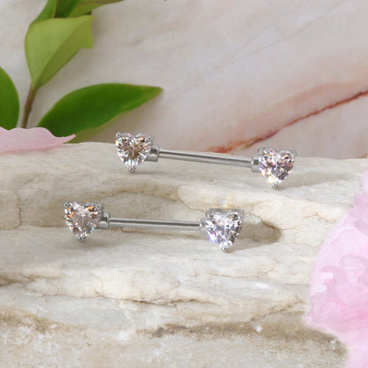 Prong Heart Crystal - 2PCS Clear CZ Straight Barbell / Fits 16G Chest Piercing Nose Bridge