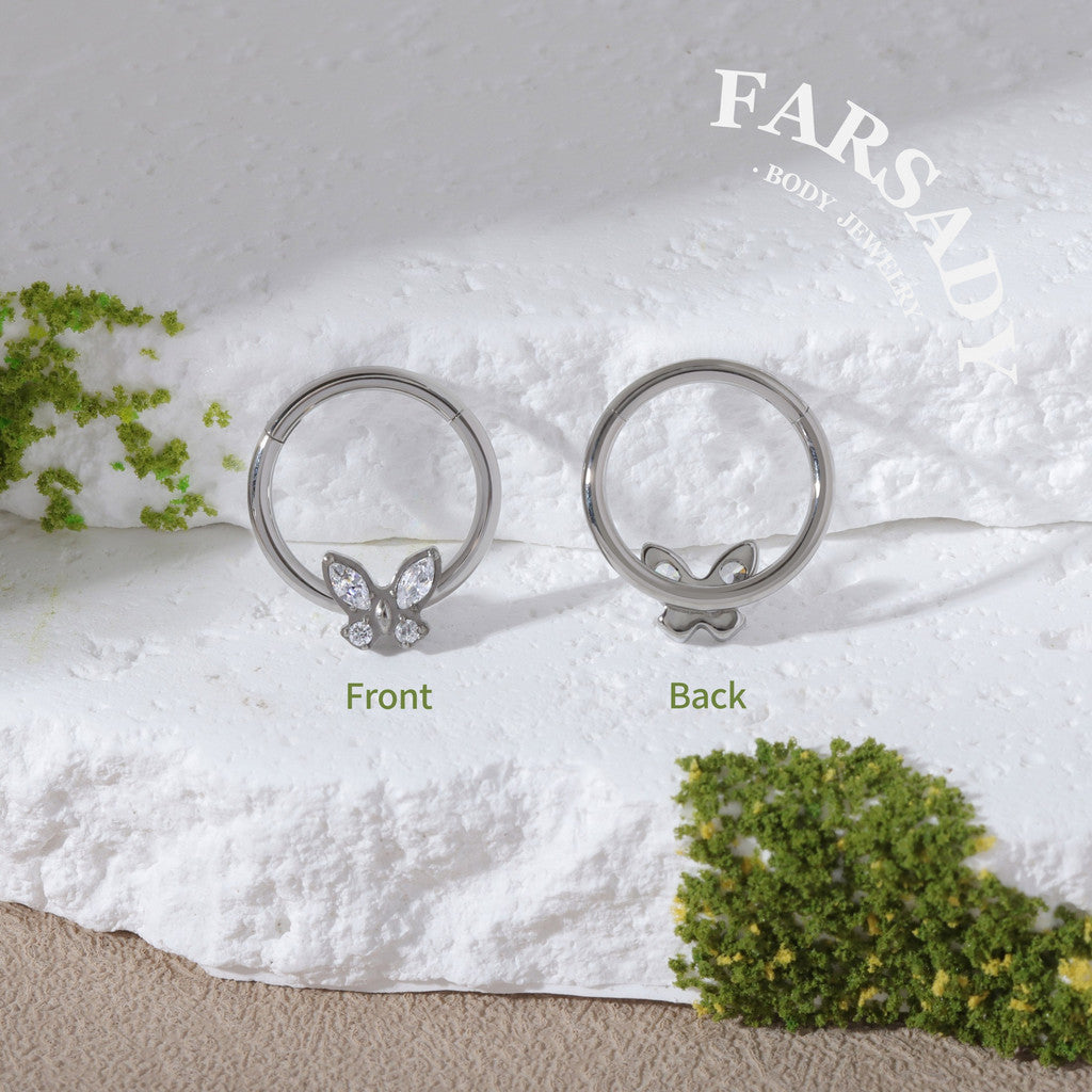 Crystal Flutter - F136 Titanium Hinged Clicker Hoop / Fits 16G Septum Ring Helix Conch Cartilage Earring