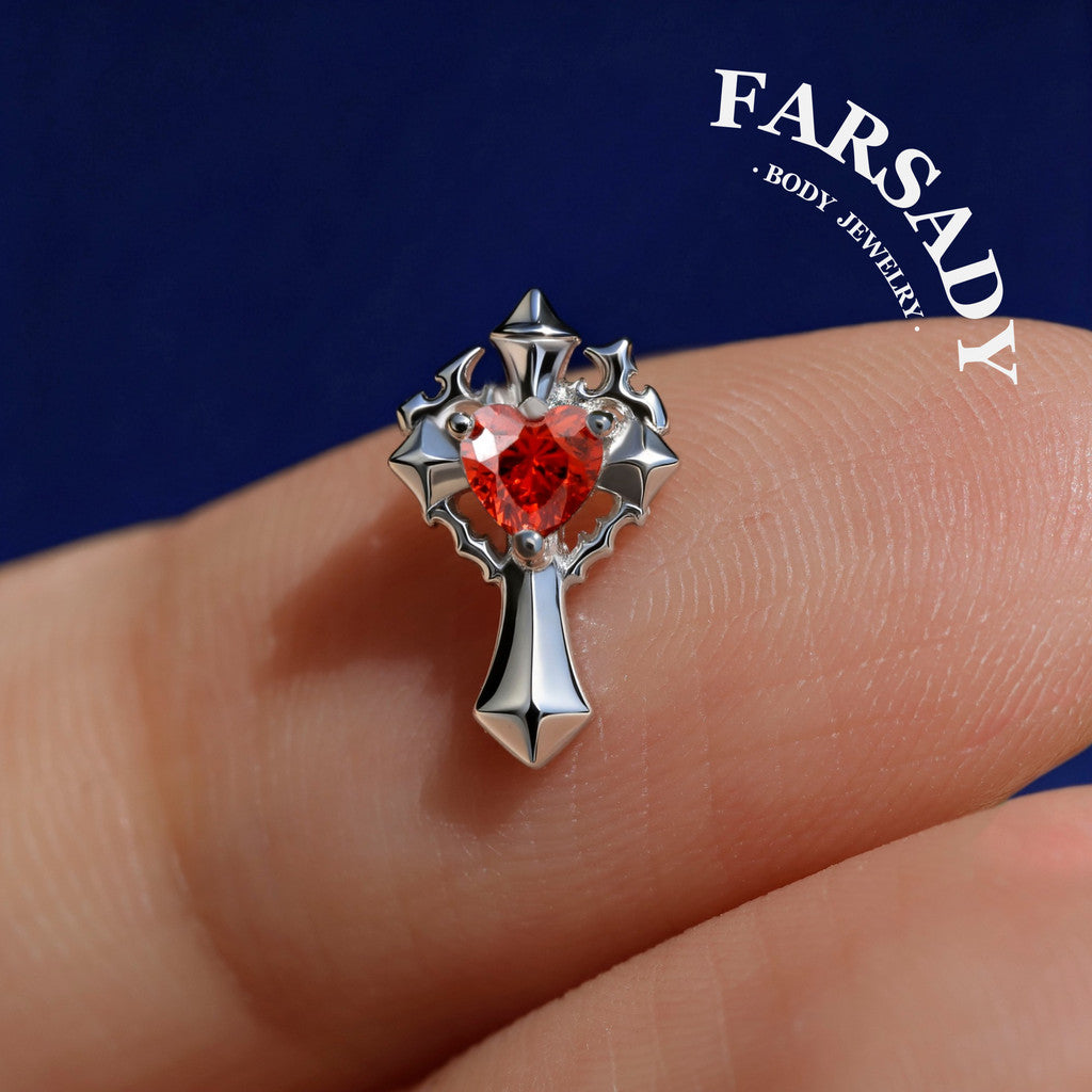 Goth Heartfire - 925 Silver Threadless Stud / Fits Cartilage Helix Tragus Lobe Nostril Piercing