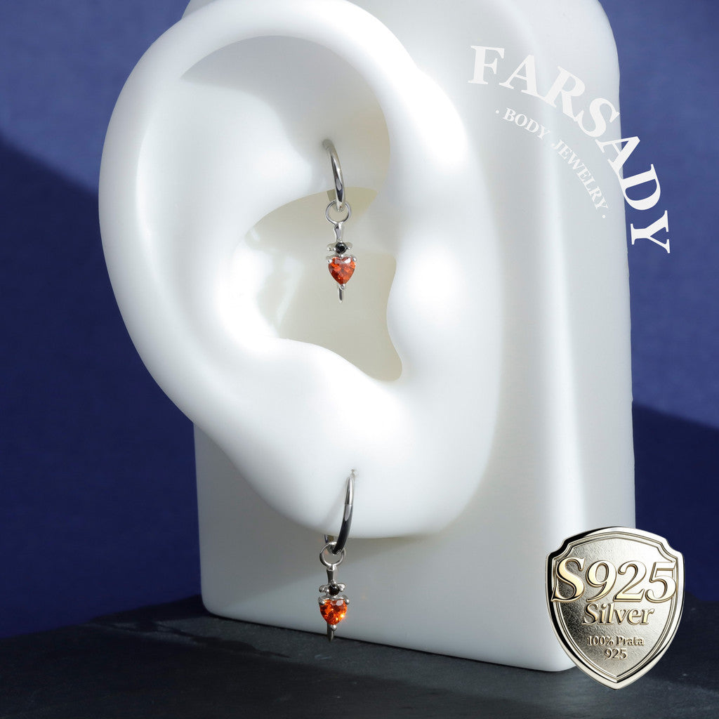 Crimson Blade Talisman - 925 Sterling Silver Red CZ Heart Dangle Charm / Interchangeable Hoop Earring Pendant for Helix Daith Cartilage Piercing