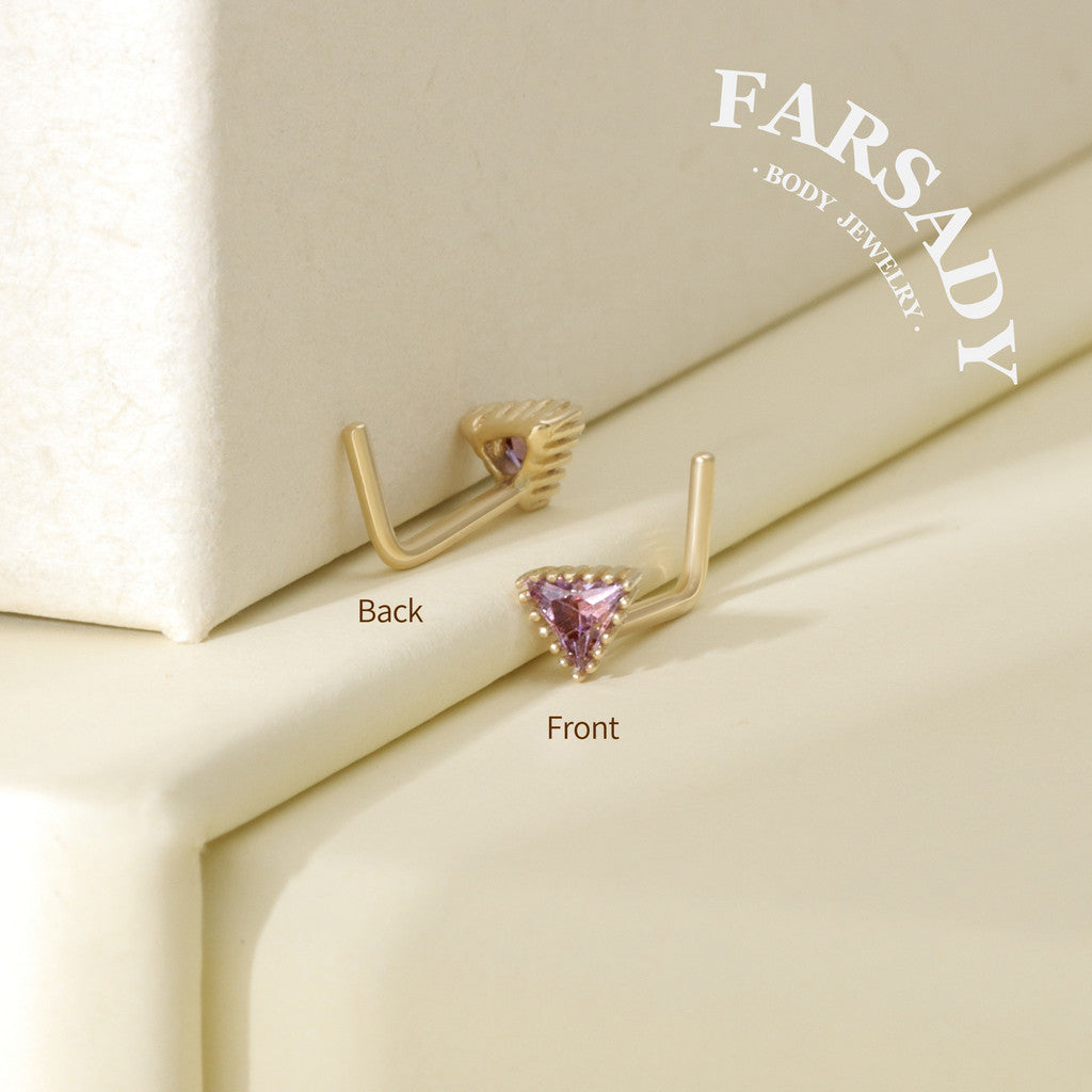 Minimal Triangle Amethyst CZ - Solid 14K Gold L-Shape Stud / Fit 20G Nostril Piercing