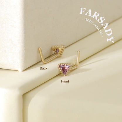Minimal Triangle Amethyst CZ - Solid 14K Gold L-Shape Stud / Fit 20G Nostril Piercing