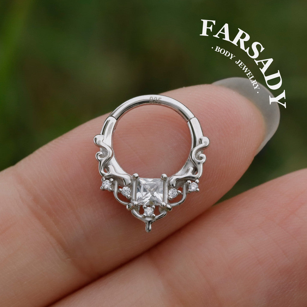 Byzantine Art Septum Ring Sterling Silver Plated 18k Gold/ 16G Hinged Septum Clicker/ 8mm Daith Hoop Earring/ Helix Tragus Piercing Jewelry