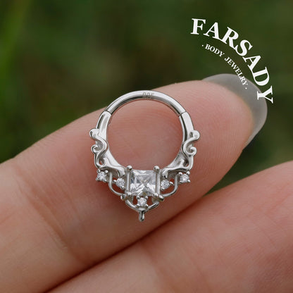 Byzantine Art Septum Ring Sterling Silver Plated 18k Gold/ 16G Hinged Septum Clicker/ 8mm Daith Hoop Earring/ Helix Tragus Piercing Jewelry