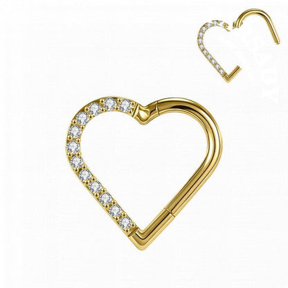 16G Titanium Heart CZ Daith Earring, 8mm Silver Helix Hoop Earring, Gold Cartilage Ring Clicker, Hinged  Left Right Ear Piercing