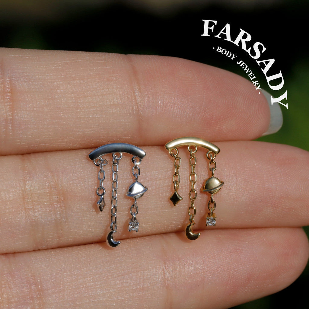 Planet Hidden Helix Chain Earring /Moon Dangle Earring /Helix Push Pin Stud Earring /Threadless Cartilage Helix Earring Stud/Flat Helix Stud