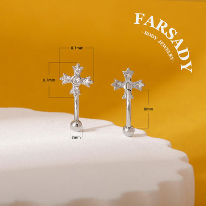 Four-Petal Star Cross - 316L Clear CZ Curved Barbell / Fits 16G Rook Daith Earring Lip Eyebrow Cartilage Piercing