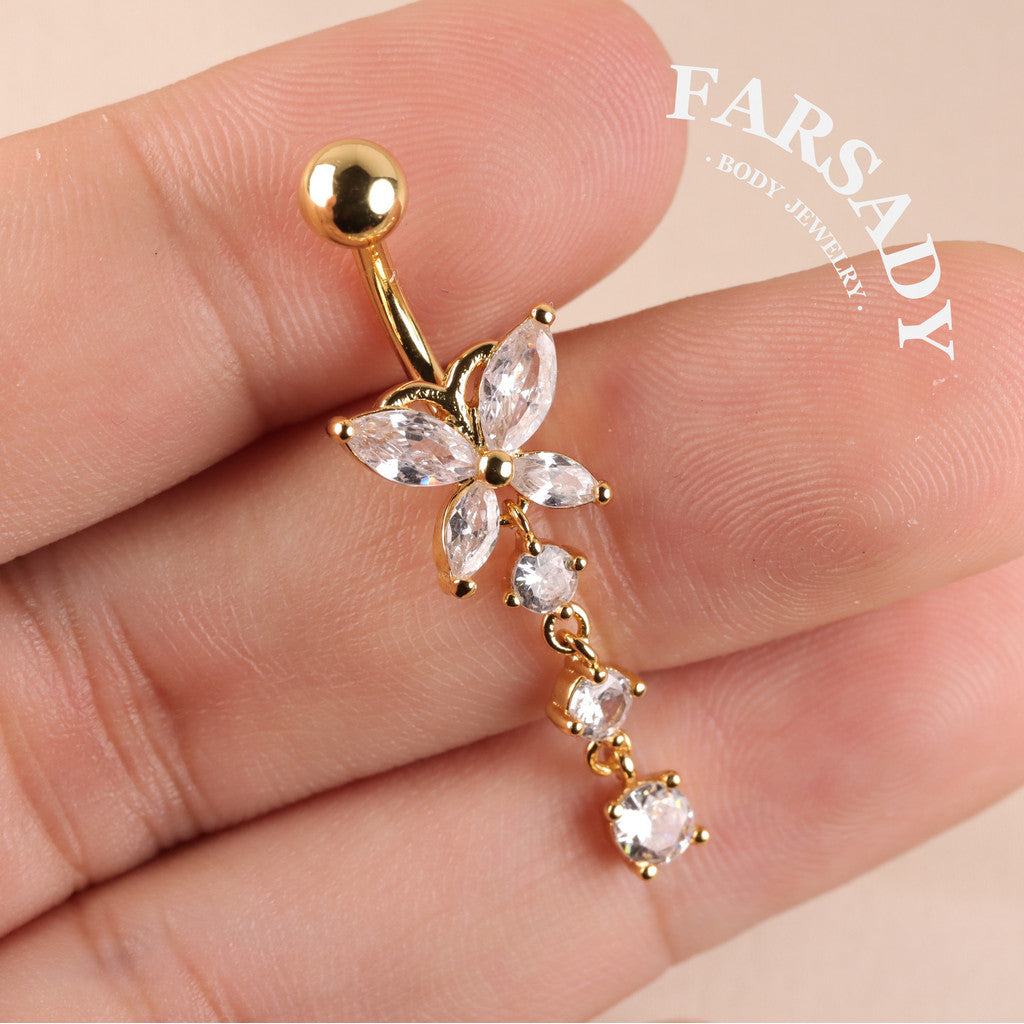 Butterfly Glimmer Trail - CZ Dangle Belly Button Ring / Fits 14G Navel Piercing