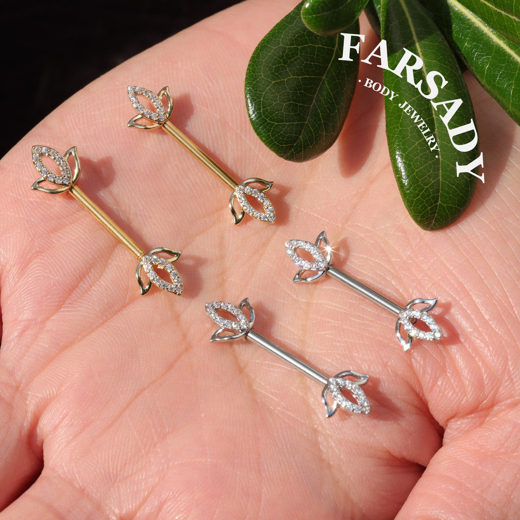 Hollow Lotus - 2PCS Clear CZ Straight Barbell / Fits 16G Chest Piercing Nose Bridge
