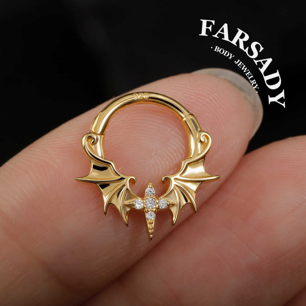 Dusk Wing - 925 Silver CZ Hinged Clicker Hoop / Fits 16G Septum Ring Helix Conch Daith Earring