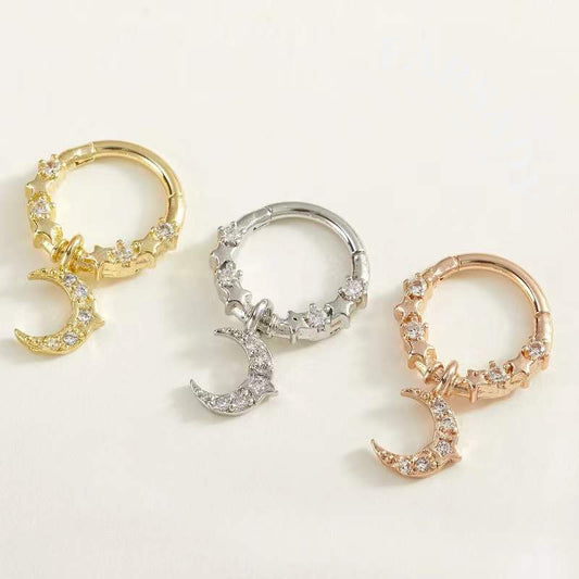 Moon Star - CZ Dangle Hinged Clicker Hoop / Fits 16G Septum Ring Helix Conch Cartilage Earring