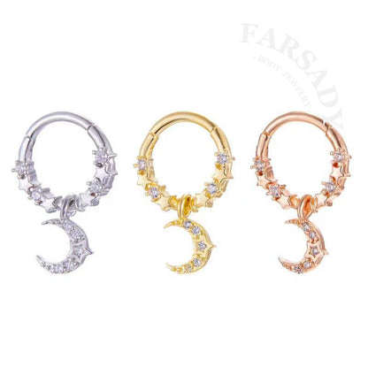 Moon Star - CZ Dangle Hinged Clicker Hoop / Fits 16G Septum Ring Helix Conch Cartilage Earring