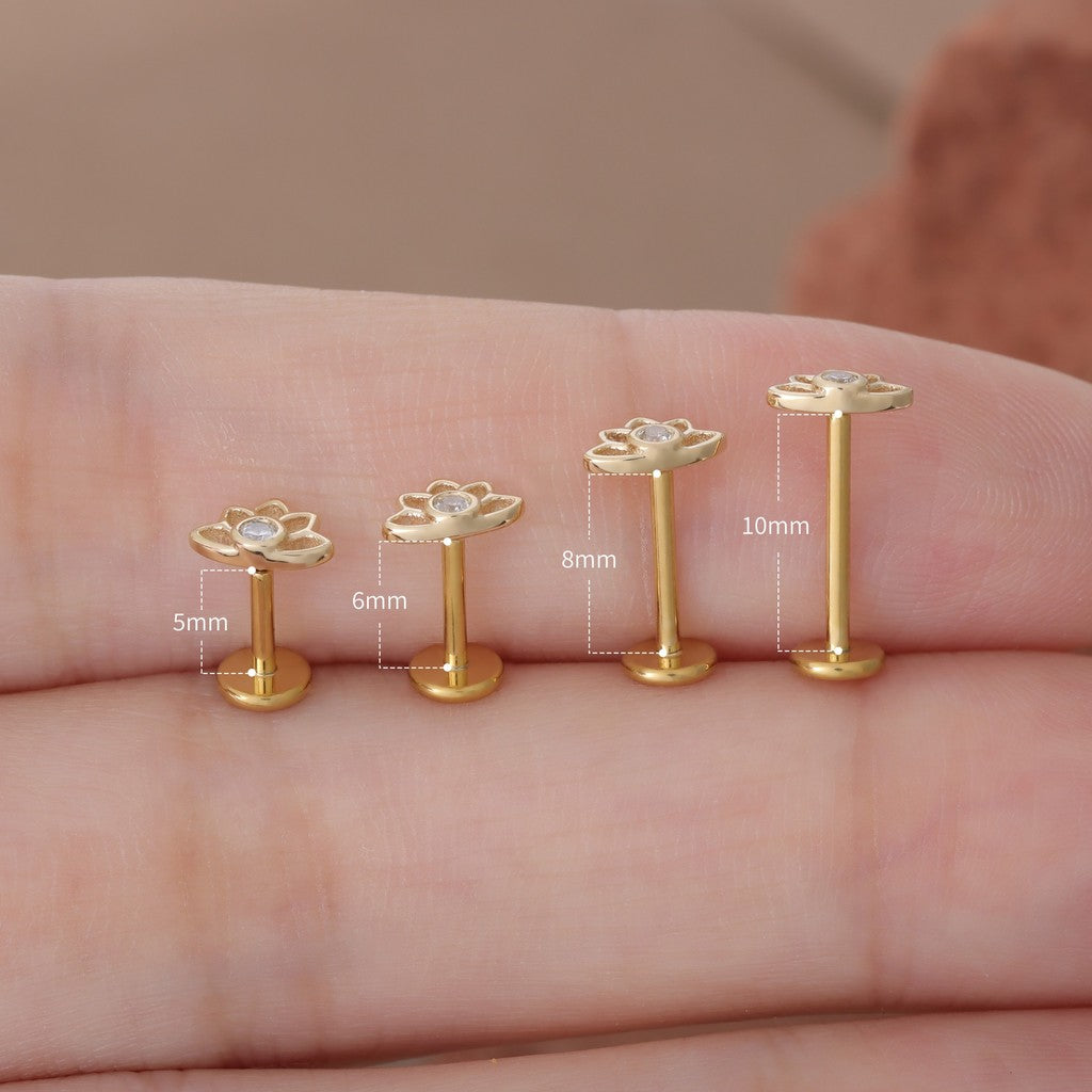 Crimson Lotus - Solid 14K Gold Threadless Stud / Fits Cartilage Helix Tragus Lobe Nostril Piercing