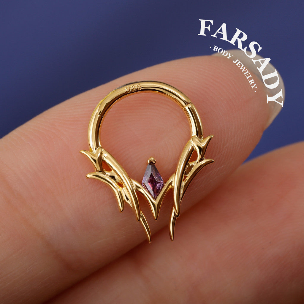 Thorn Diamond Shape Amethyst CZ Septum Ring Sterling Silver Plated 18K Gold Alt Fashion Sharp Spike Daith Earring Helix Tragus Conch Hoop Daily Wear Gothic Gift Jewelry