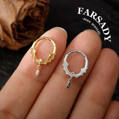 Moissanite Bat Hoop Piercing Ring- 925 Sterling Silver Septum Ring| Hinged Segment Clicker| Nose/Helix/Daith/Lobe Clicker | Gold or Silver
