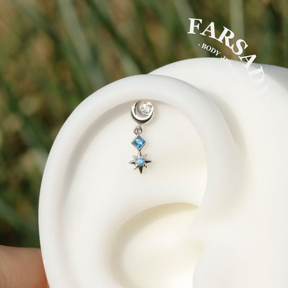 Luna Flare Dangle Threadless Push In Helix Stud, Sterling Silver Cartilage Stud, Flat Back Titanium Post, Design Satr Tragus/ Lobe Earring