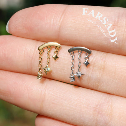 Designed for vertical helix piercings/ 925 Silver Helix Chain Earring 18K Plated/ Star Dangle Earring/ Threadless Push In Hidden Rook Stud