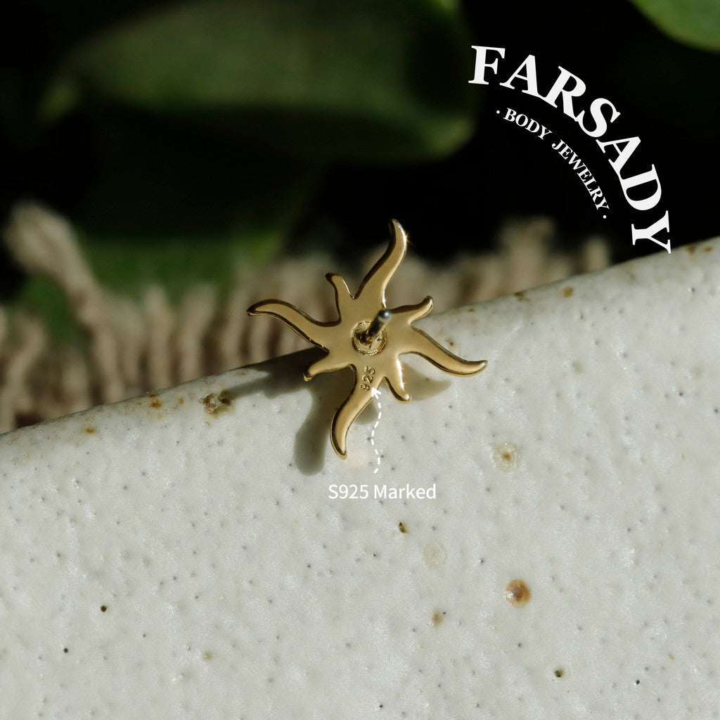 Sterling Silver Mini Sun Threadless Push In Tragus Stud,  S925 Cartilage Stud, Flat Back Titanium Post, Design Flower Helix/ Lobe/ Lip Earring