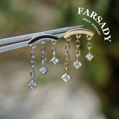 Triple Square CZ Hidden Helix Earring Stud: S925 Silver Floating Helix Piercing Jewelry, Titanium Threadless Post Back, Flat Back Earrings