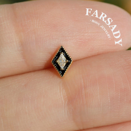 Rhombus Black Enamel CZ Tragus Studs, Sterling Silver Helix Piercing Earrings, Titanium Threadless Push Pin, Flat Back Minimalist Jewelry