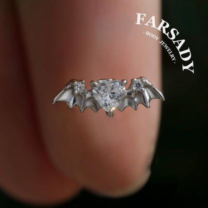 Bat Wing Heart Gem Flat Helix Threadless Stud: Sterling Silver Cartilage Earring, 18K Gold Plated Helix Conch Tragus Lobe Piercing Jewelry