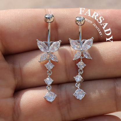 14G Sterling Silver Butterfly Dangle Belly Button Ring - Clear CZ 8mm to 12mm  Navel Body Piercing Jewelry - Non Healed Piercing Friendly Body Jewelry