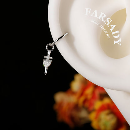 Pierced Heart Blade - 925 Silver Heart CZ Heart Dangle Charm / Interchangeable Hoop Earring Pendant for Helix Daith Cartilage Piercing